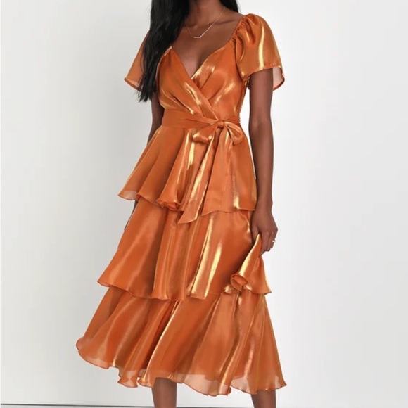 Lulus Glowing Rust Orange Flutter Sleeve Midi Dress - Picture 1 of 5